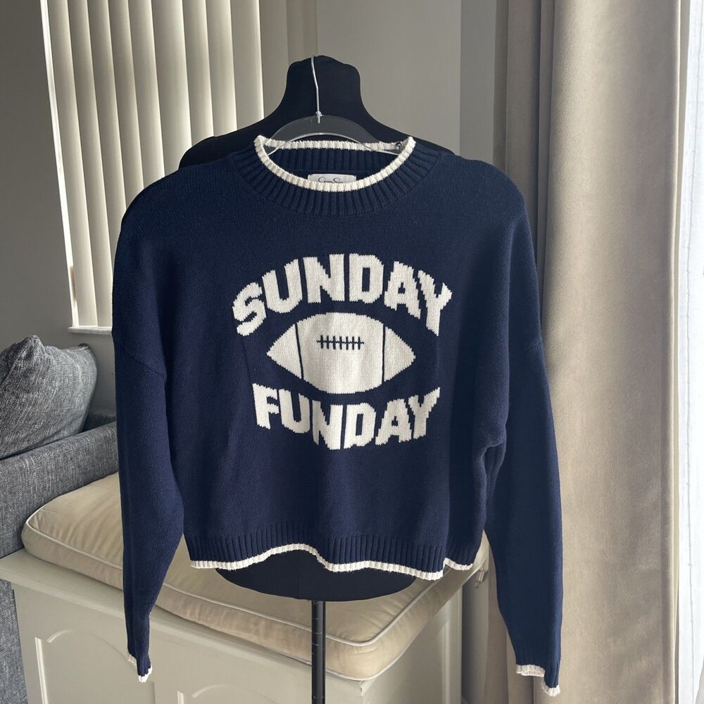Jessica Simpson  Sunday Funday Knit Crew neck Navy Blue sweater White Hem S